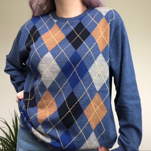 vintage 90's merino wool argyle crewneck sweater size L - Picture 2 of 4